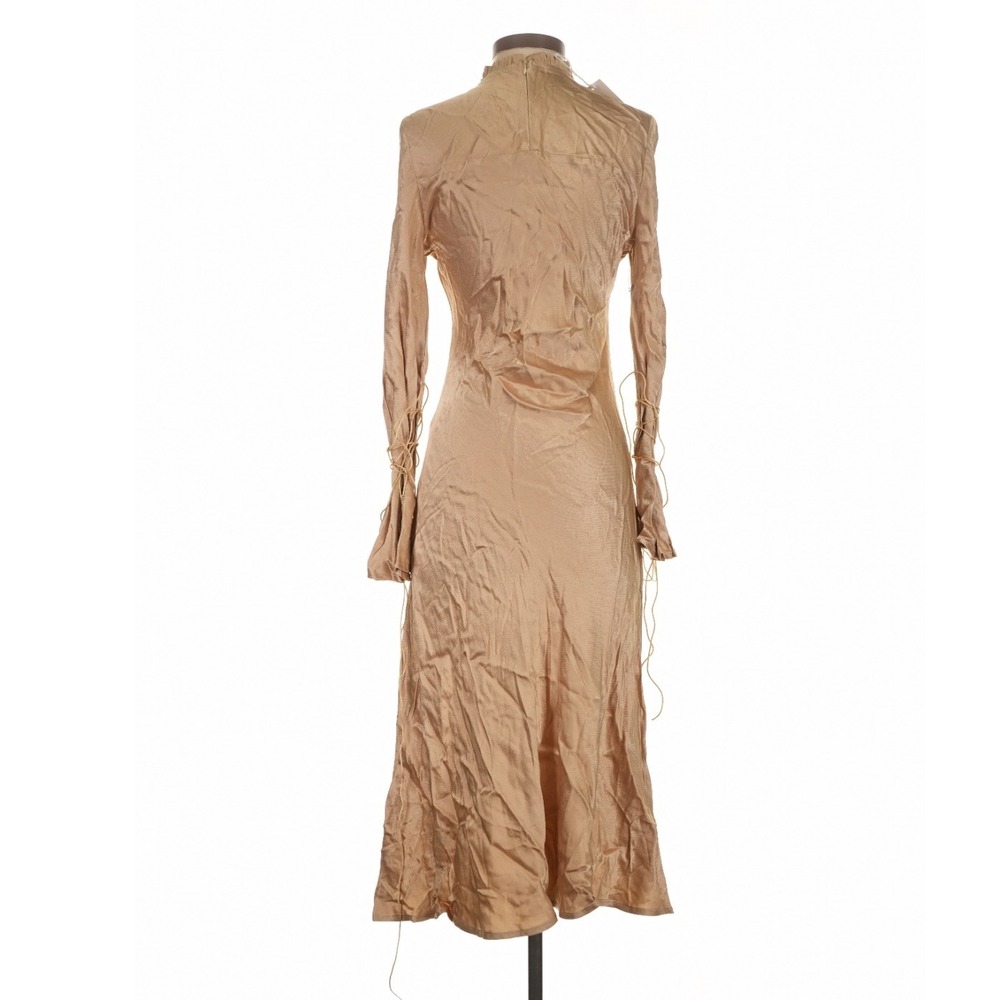 Avanel Couture Tan Satin Midi Dress Ruffle Neck Lace Up Bell Sleeve Small - Picture 7 of 9